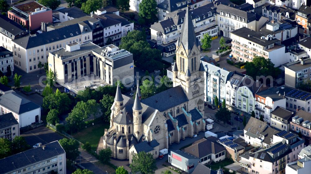 Aerial image Bad Neuenahr-Ahrweiler - Church building in Rosenkranzkirche Old Town- center of downtown on street Telegrafenstrasse in Bad Neuenahr-Ahrweiler in the state Rhineland-Palatinate, Germany