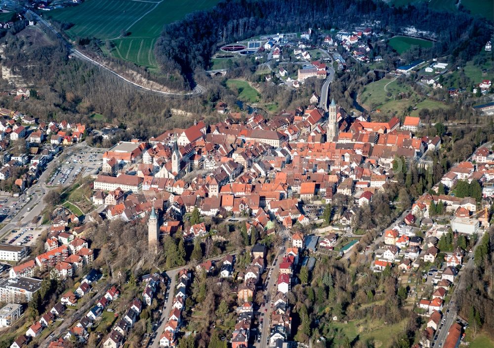 Rottweil from the bird's eye view: Church building in von Rottweil Old Town- center of downtown in Rottweil in the state Baden-Wuerttemberg, Germany
