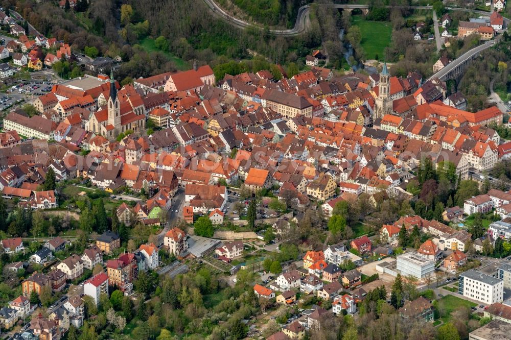 Aerial image Rottweil - Church building in von Rottweil Old Town- center of downtown in Rottweil in the state Baden-Wurttemberg, Germany