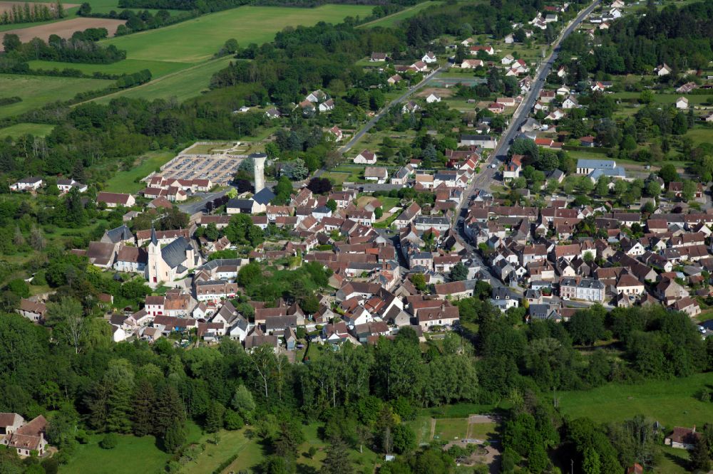 Aerial image Saint-Gondon - Church building in Old Town- center of downtown on street Rue Jules Guillot in Saint-Gondon in Centre-Val de Loire, France