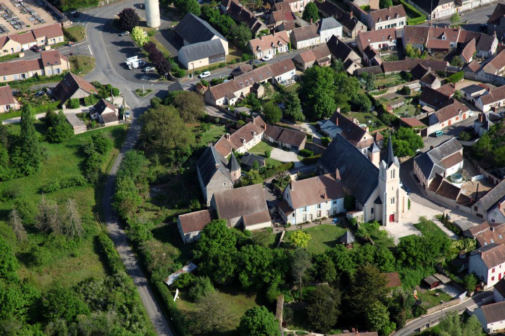 Saint-Gondon from above - Church building in Old Town- center of downtown on street Rue Jules Guillot in Saint-Gondon in Centre-Val de Loire, France