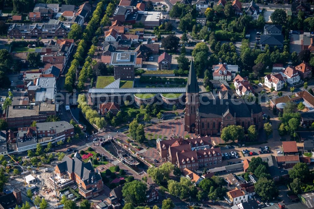 Papenburg from above - Church building Sankt-Antonius-Kirche on the church street in Papenburg in the state Lower Saxony, Germany
