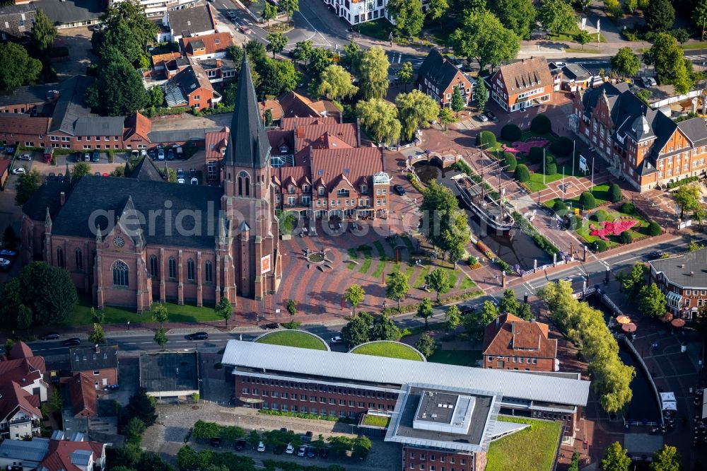 Aerial image Papenburg - Church building Sankt-Antonius-Kirche on the church street in Papenburg in the state Lower Saxony, Germany