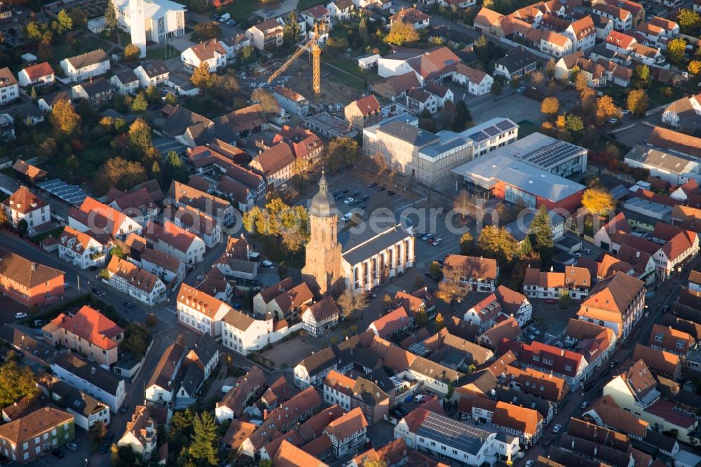 Kandel from the bird's eye view: Church building in of Sankt Georgskirche Old Town- center of downtown in Kandel in the state Rhineland-Palatinate, Germany
