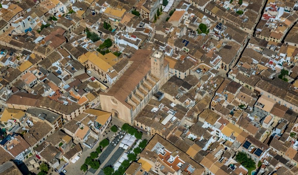 Pollenca from above - Church building in of Santa Maria dels Angels Old Town- center of downtown in Pollenca in Balearische Insel Mallorca, Spain