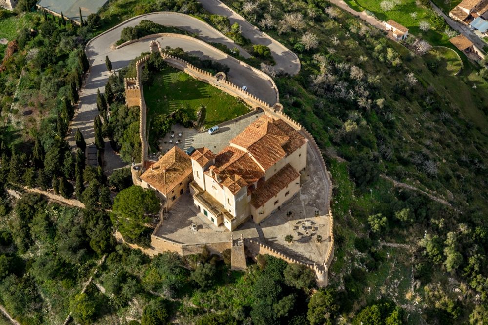 Aerial image Arta - Church building Santuari de Sant Salvador in Arta in Balearische Insel Mallorca, Spain
