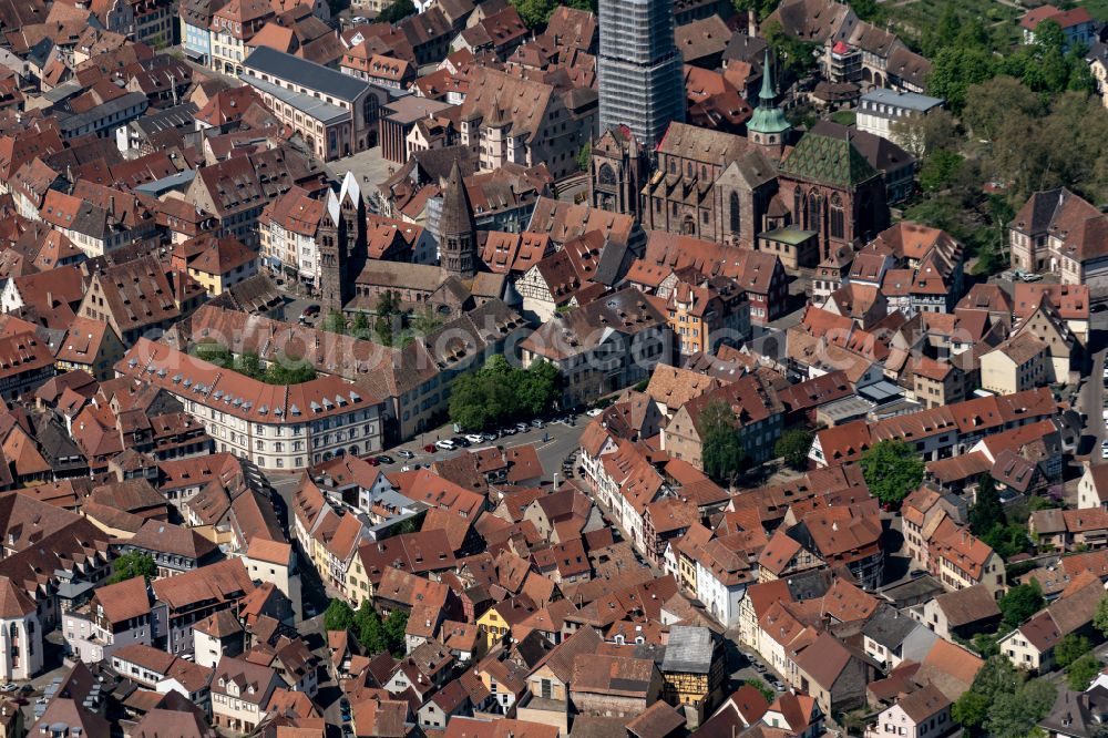 Aerial image Selestat - Church building in Old Town- center of downtown in Selestat in Grand Est, France