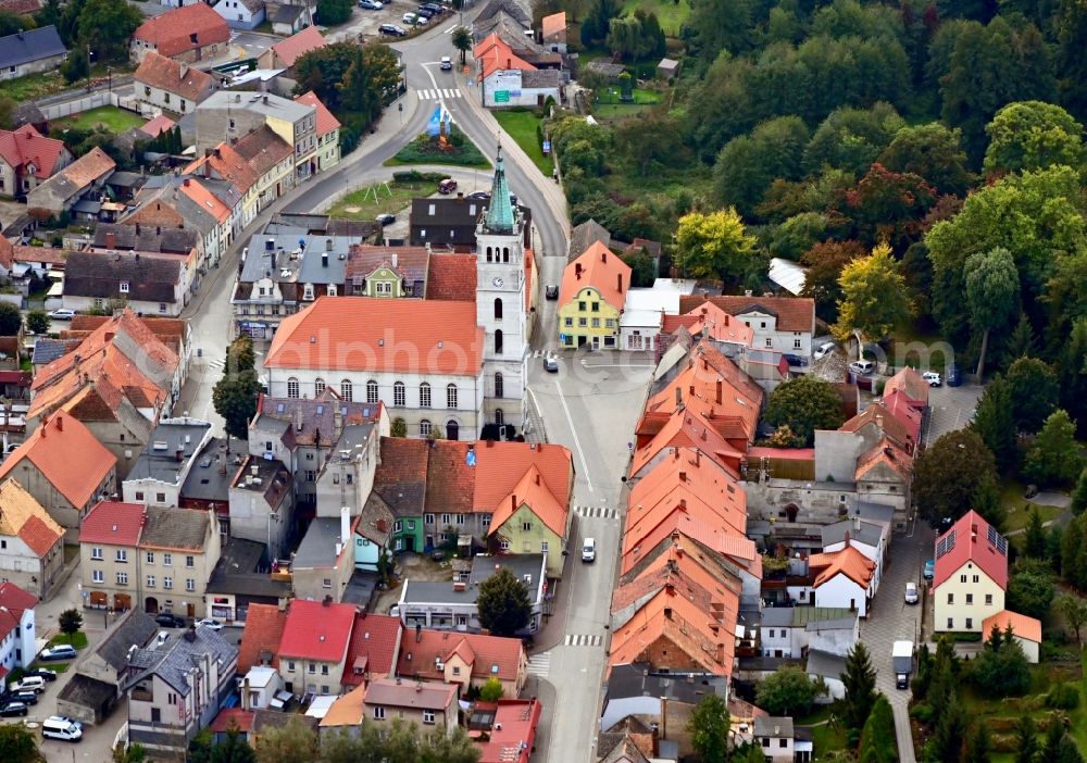 Slawa from the bird's eye view: Church building in Old Town- center of downtown in Slawa in Lubuskie Lebus, Poland
