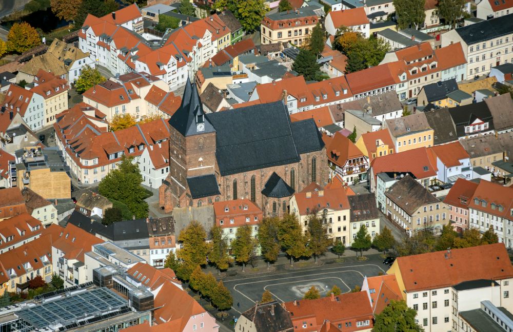Delitzsch from the bird's eye view: Church building in of Stadtkirche Old Town- center of downtown in Delitzsch in the state Saxony, Germany