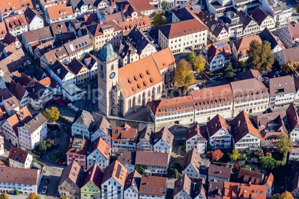 Aerial image Nürtingen - Church building in of Stadtkirche St. Laurentius Old Town- center of downtown in Nuertingen in the state Baden-Wurttemberg, Germany