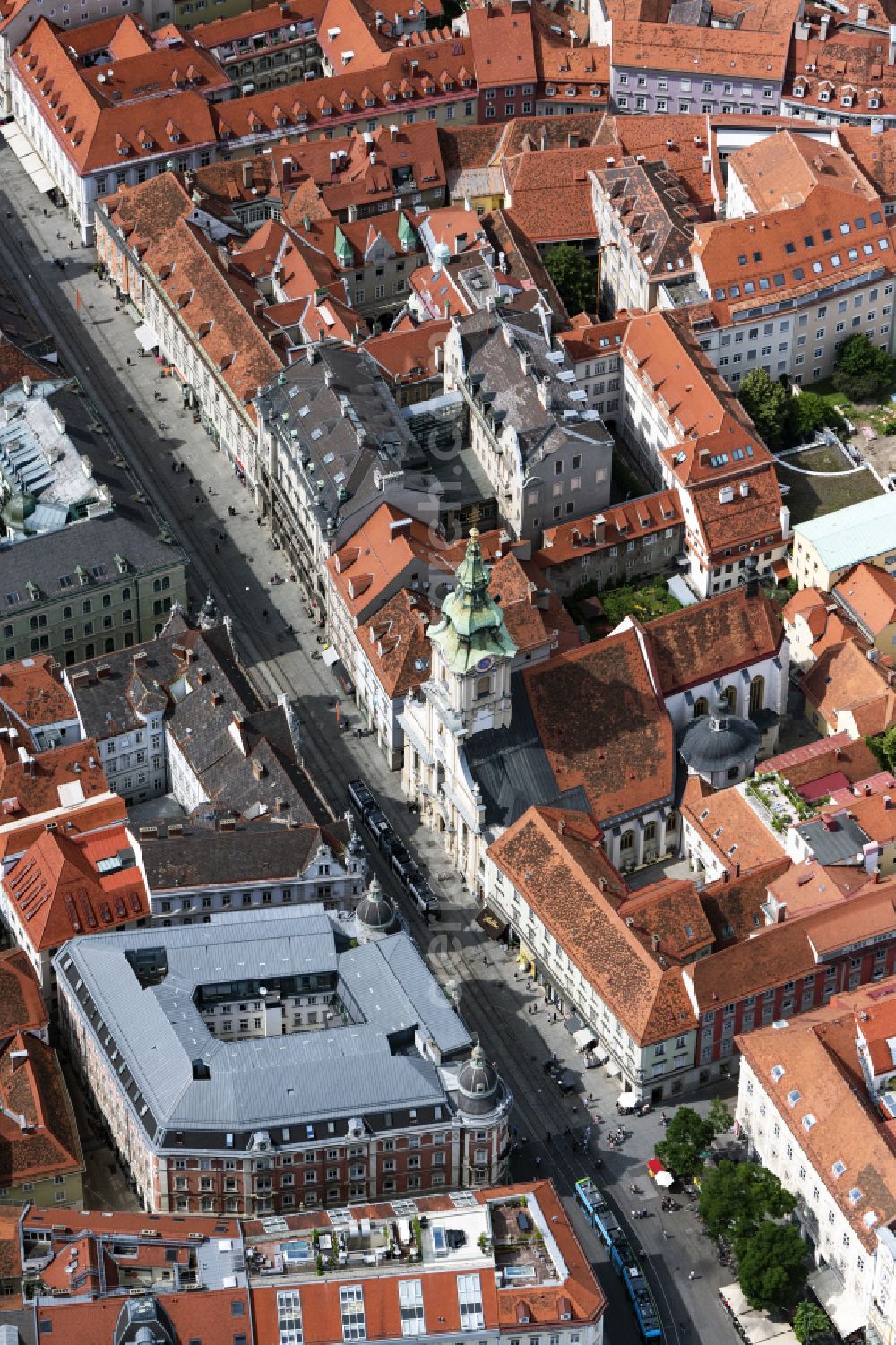 Graz from above - Church building in Stadtpfarrkirche Old Town- center of downtown in Graz in Steiermark, Austria