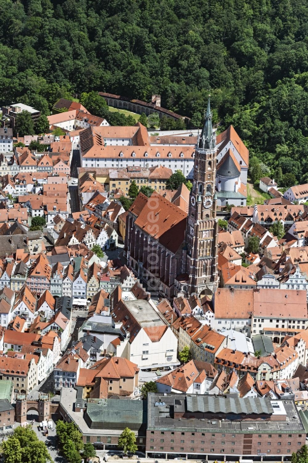Landshut from above - Church building in Stadtpfarrkirche St. Martin on Kirchgasse Old Town- center of downtown in Landshut in the state Bavaria, Germany