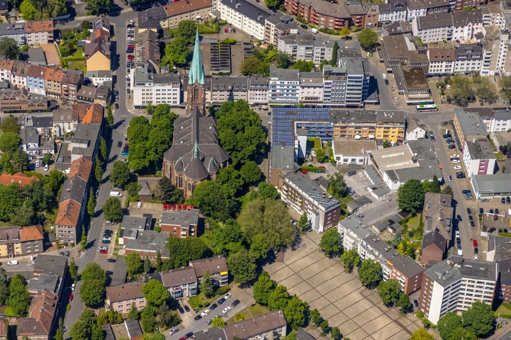 Gelsenkirchen from above - Church building St.Hippolytus-Kirche on Industriestrasse in the district Horst in Gelsenkirchen at Ruhrgebiet in the state North Rhine-Westphalia, Germany