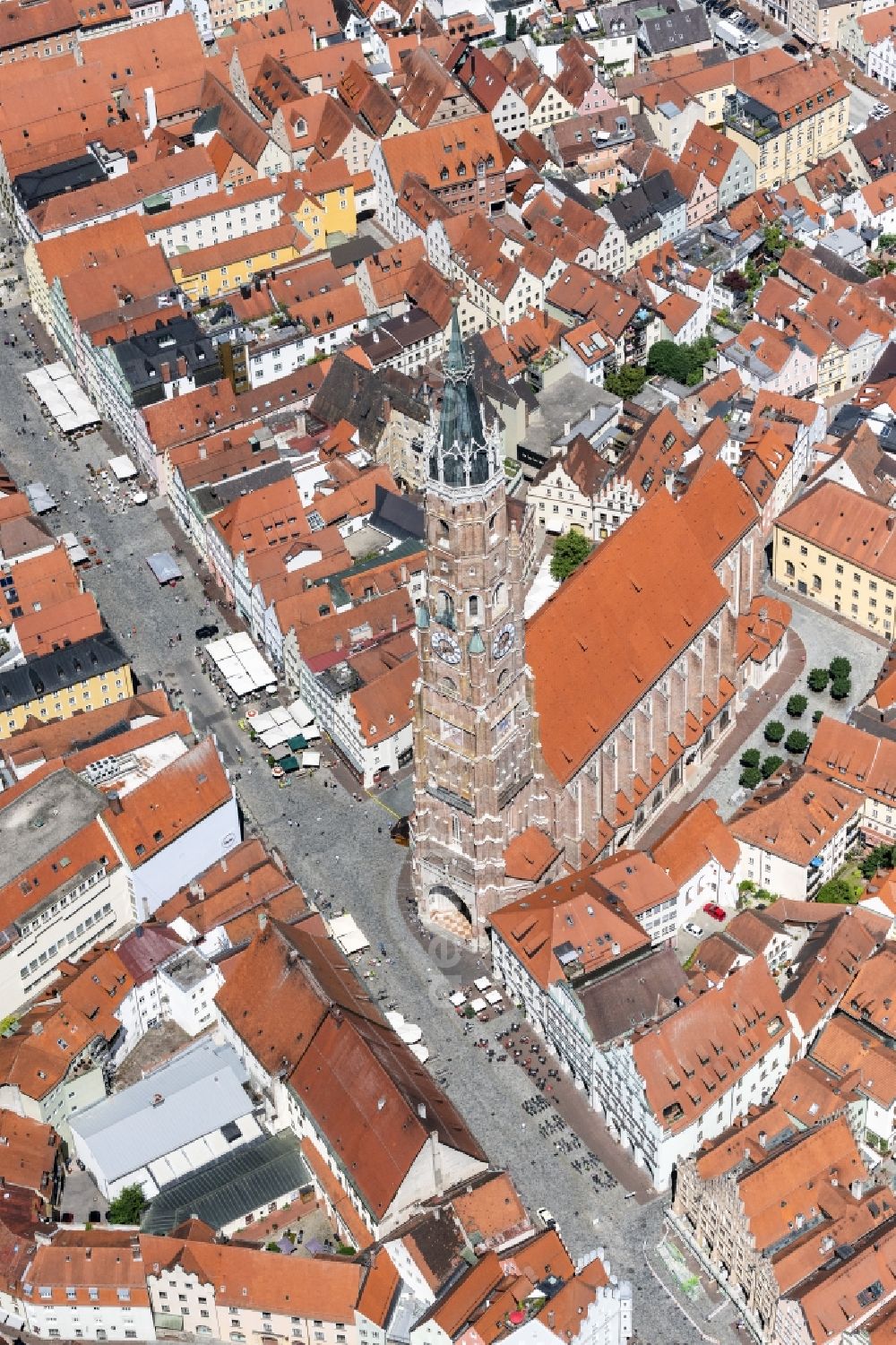 Landshut from above - Church building of Stiftsbasilika Sankt Martin in Landshut in the state Bavaria, Germany