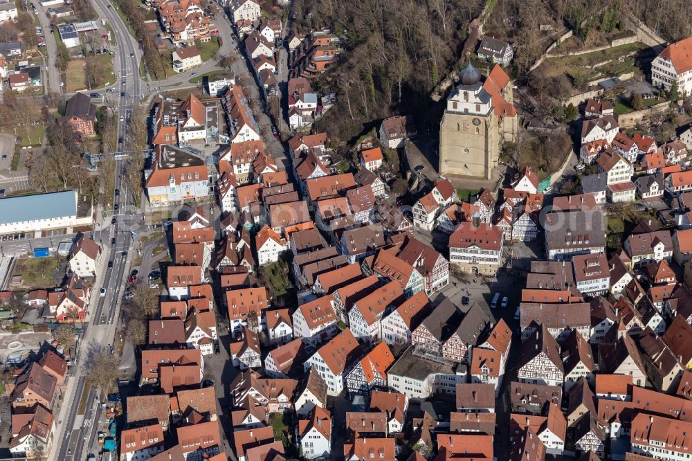 Herrenberg from above - Church building of the Stiftskirche in Old Town- center of downtown in Herrenberg in the state Baden-Wurttemberg