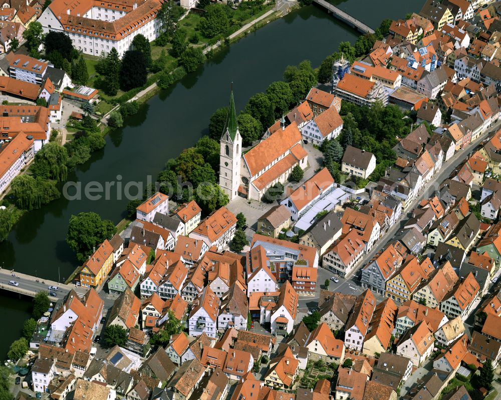 Rottenburg am Neckar from above - Church building of the Collegiate Church of St. Moriz in the old town center of downtown on the banks of the river Neckar in Rottenburg am Neckar in the state Baden-Wuerttemberg, Germany