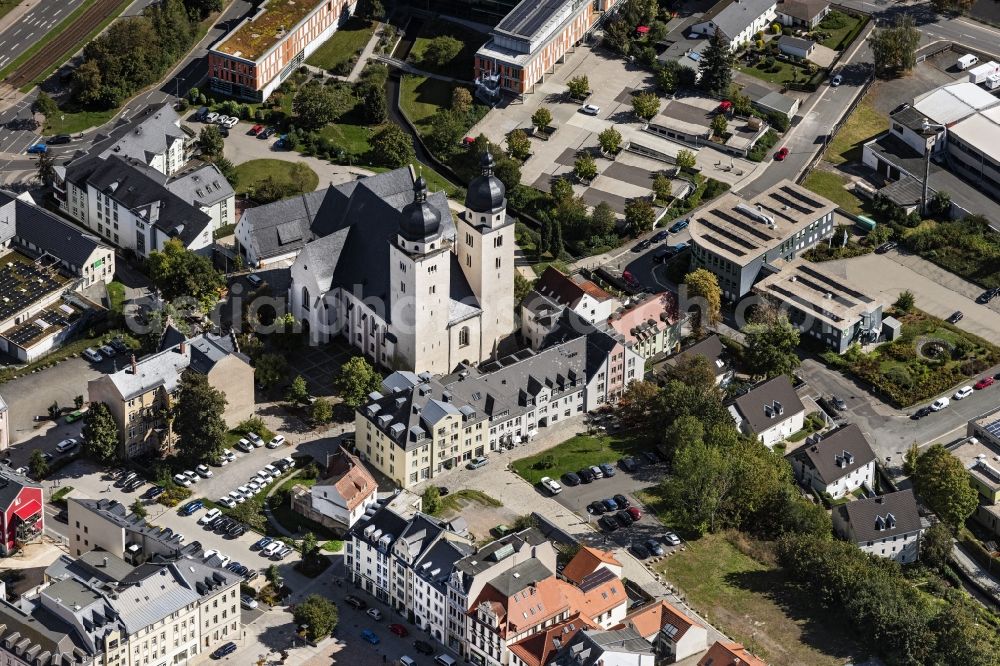 Aerial image Plauen - Church building St.Johannis in Plauen in the state Saxony, Germany