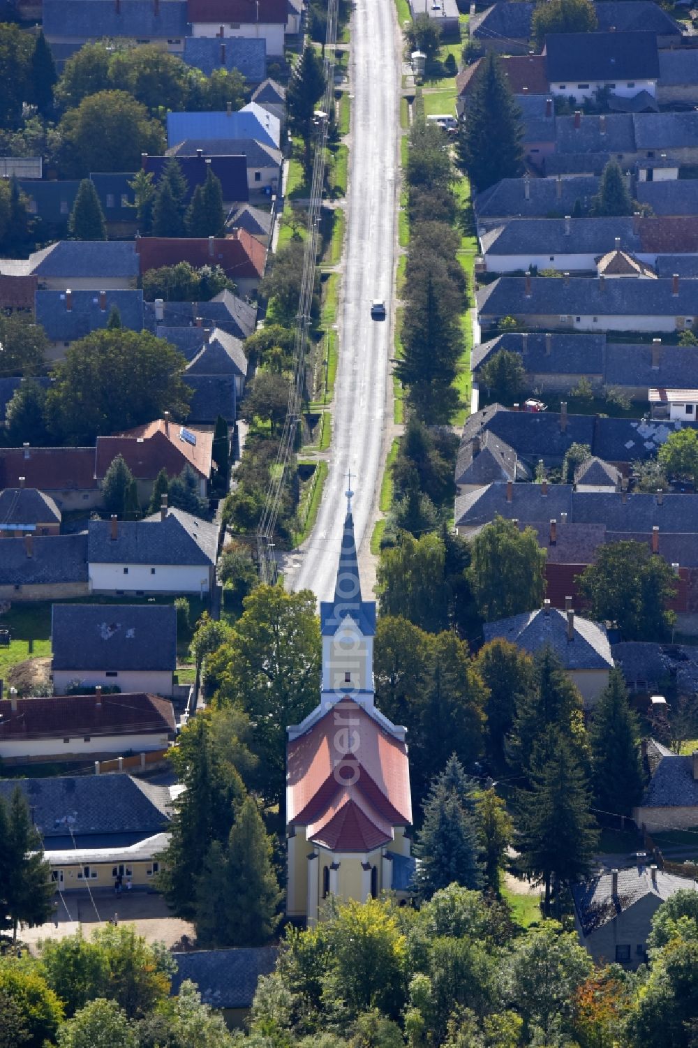 Aerial image Borzavar - Church building Szent Peter es Pal apostolok in Borzavar in Wesprim, Hungary