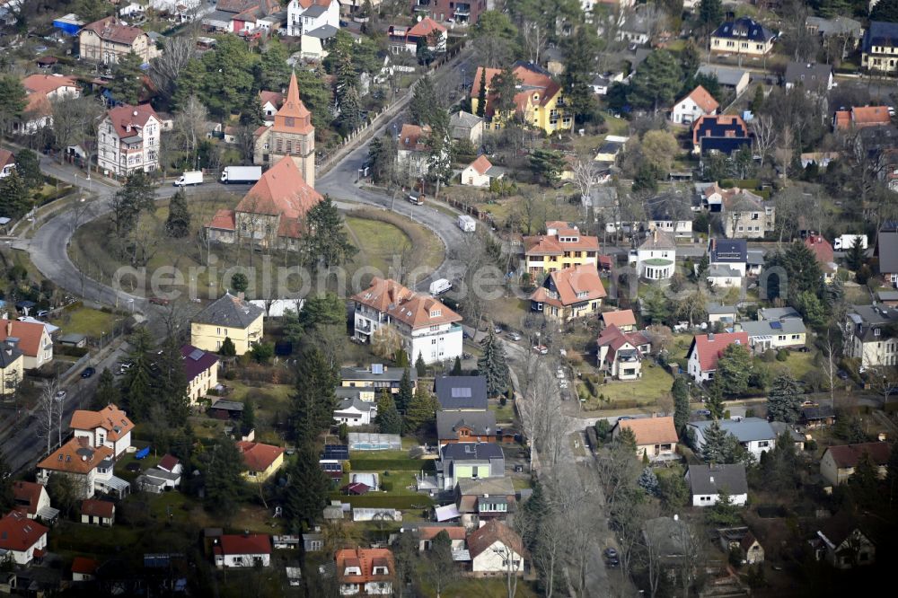 Berlin from the bird's eye view: Church building Taborkirche on street Schoenblicker Strasse in the district Rahnsdorf in Berlin, Germany