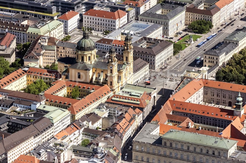 München from above - Church building of the Theatinerkirche on Odeonsplatz in the district Altstadt in Munich in the state Bavaria, Germany