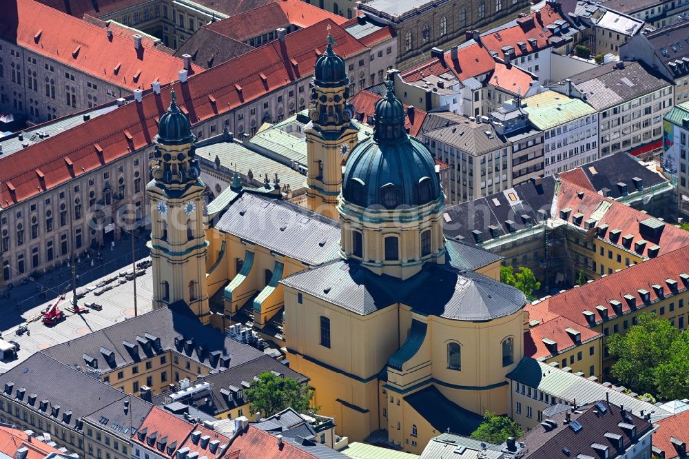 München from the bird's eye view: Church building of the Theatinerkirche on Odeonsplatz in the district Altstadt in Munich in the state Bavaria, Germany