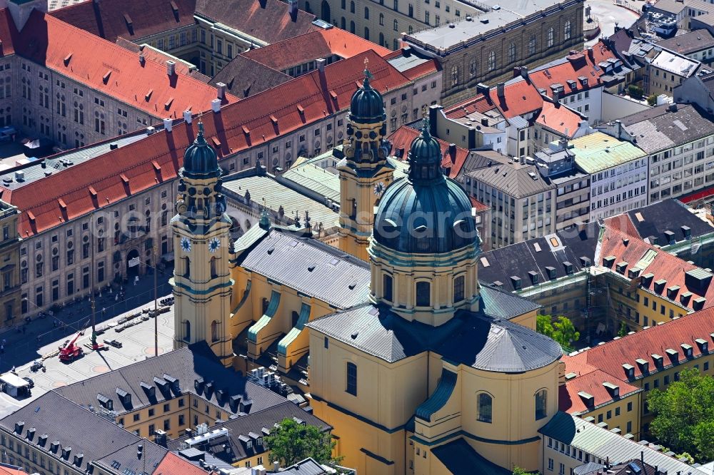 Aerial image München - Church building of the Theatinerkirche on Odeonsplatz in the district Altstadt in Munich in the state Bavaria, Germany