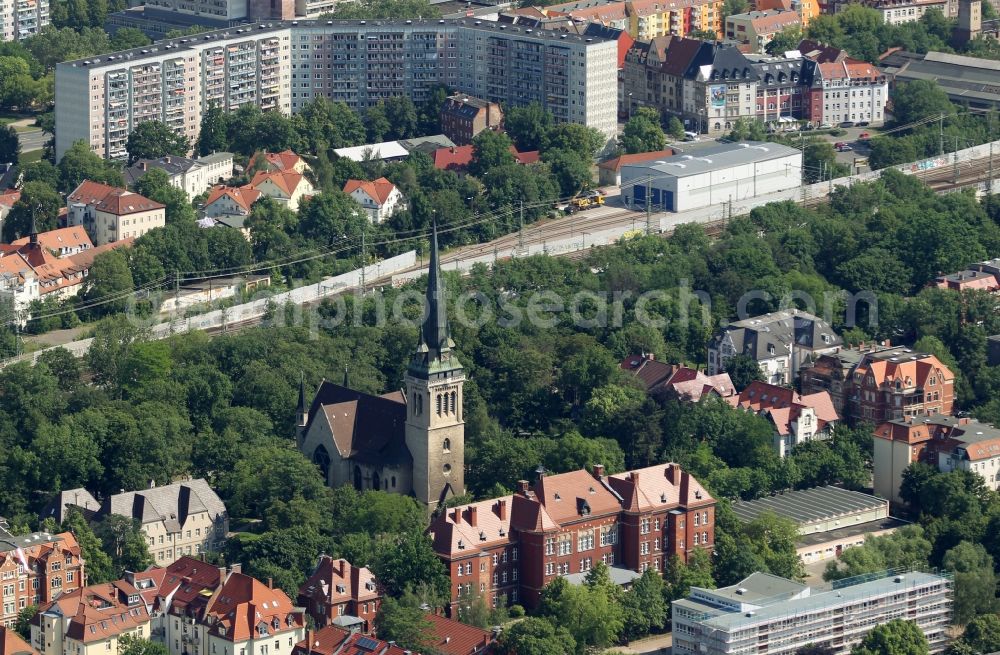 Erfurt from above - Church building of Thomaskirche on Schillerstrasse in Erfurt in the state Thuringia, Germany