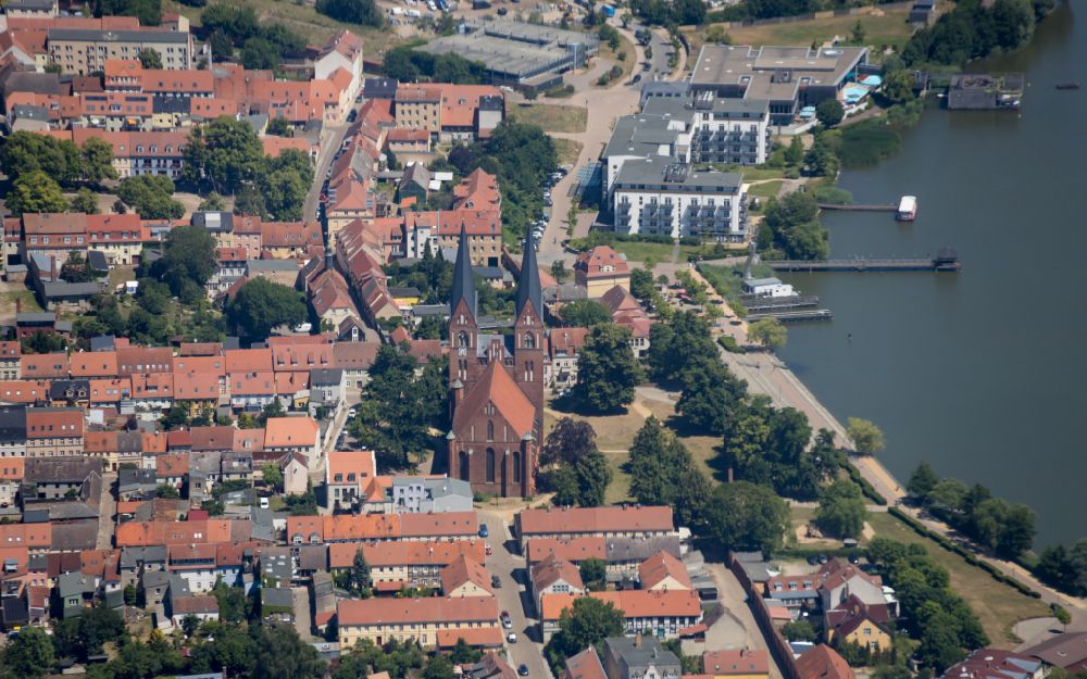 Aerial image Neuruppin - Church building in St. Trinitatis Old Town- center of downtown in Neuruppin in the state Brandenburg
