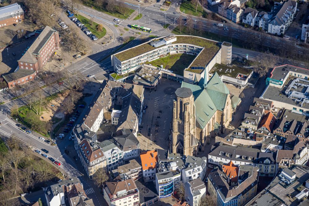 Gelsenkirchen from above - Church building St. Urbanus on place Sankt-Urbanus-Kirchplatz in the district Buer in Gelsenkirchen at Ruhrgebiet in the state North Rhine-Westphalia, Germany