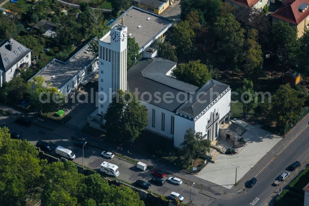 Aerial image Leipzig - Church building Versoehnungskirche Leipzig- Gohlis in the district Gohlis- Nord in Leipzig in the state Saxony, Germany