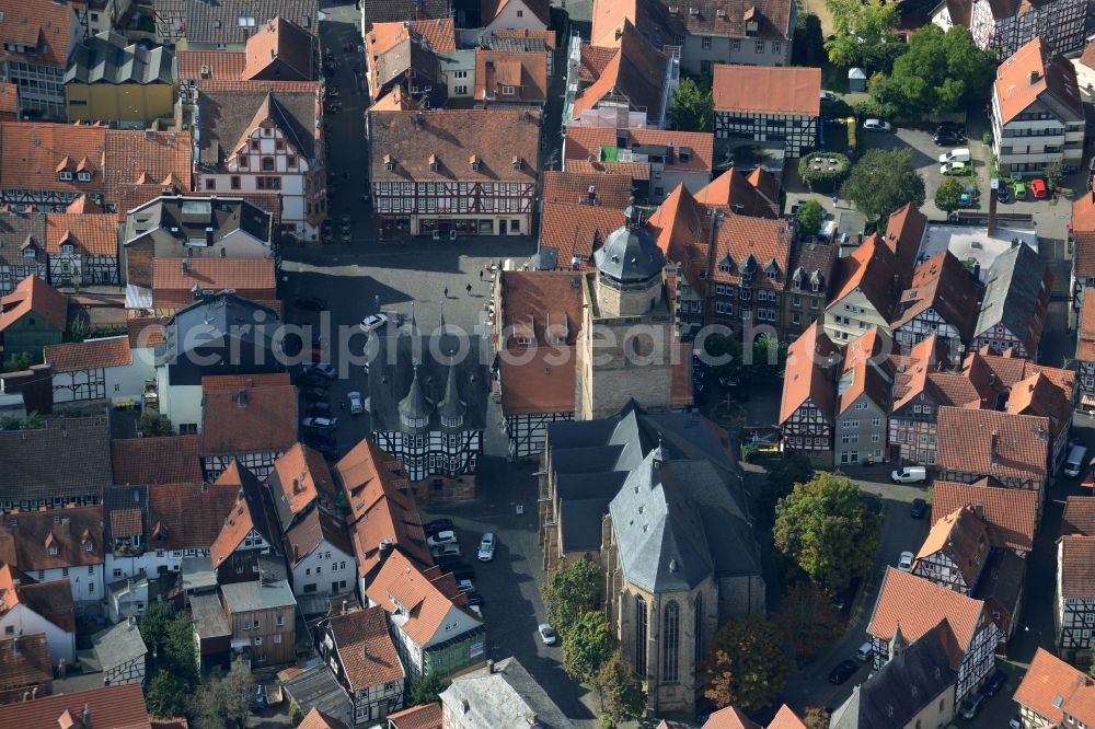 Aerial image Alsfeld - Church building in Walpurgiskirche Old Town- center of downtown in Alsfeld in the state Hesse