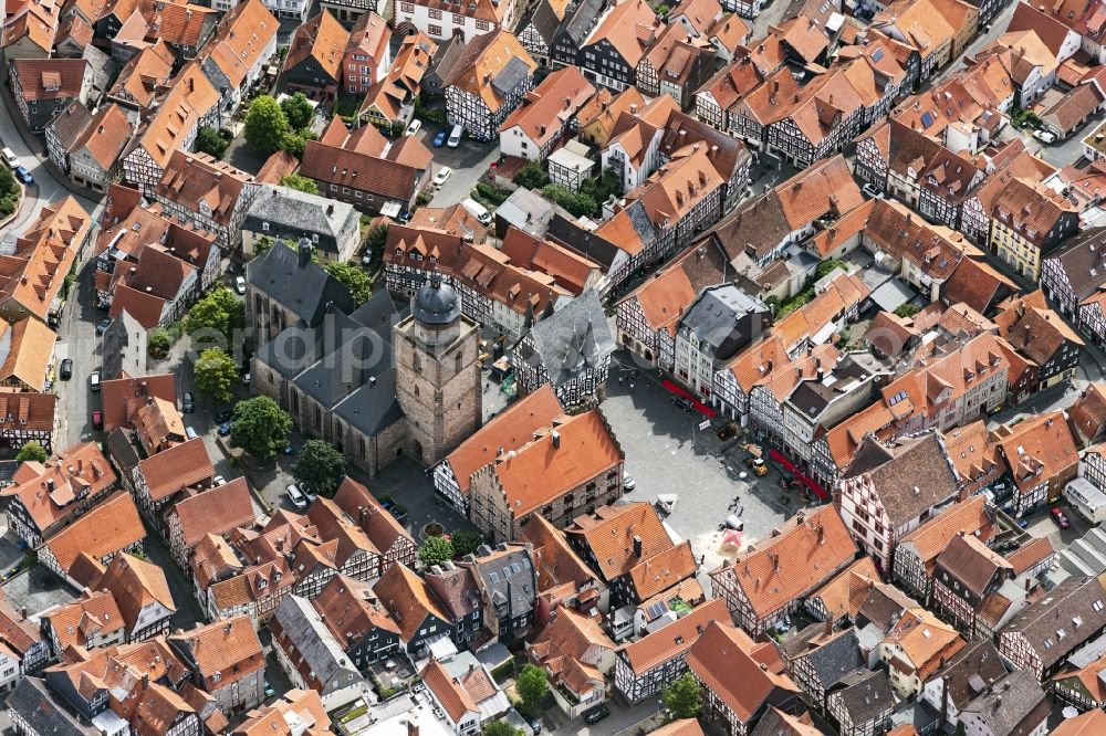Alsfeld from above - Church building in of Walpurgiskirche on Kirchplatz overlooking the town hall on Markt Old Town- center of downtown in Alsfeld in the state Hesse, Germany