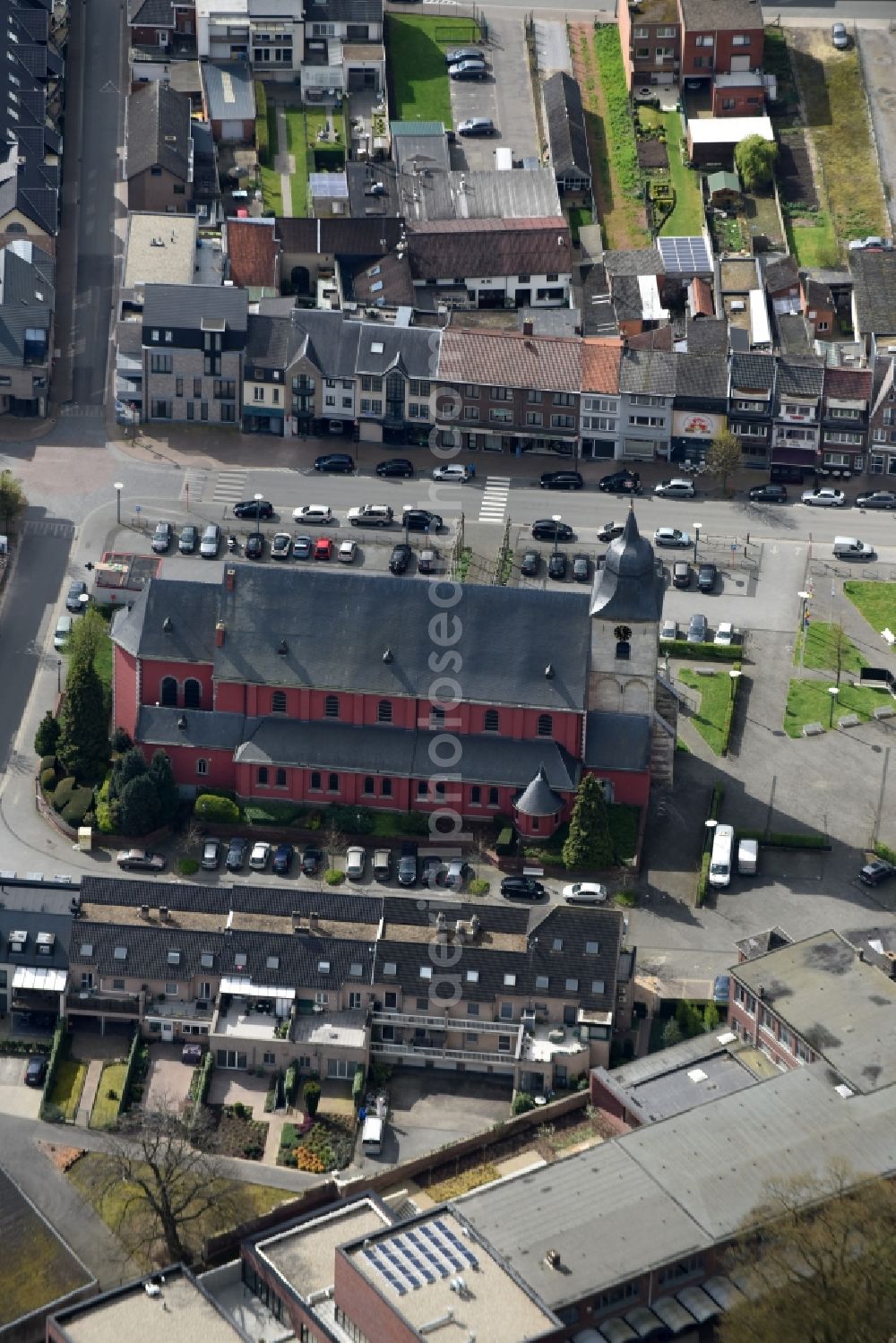 Hoeselt from above - Church building on Wierookstraat Old Town- center of downtown in Hoeselt in Vlaan deren, Belgium