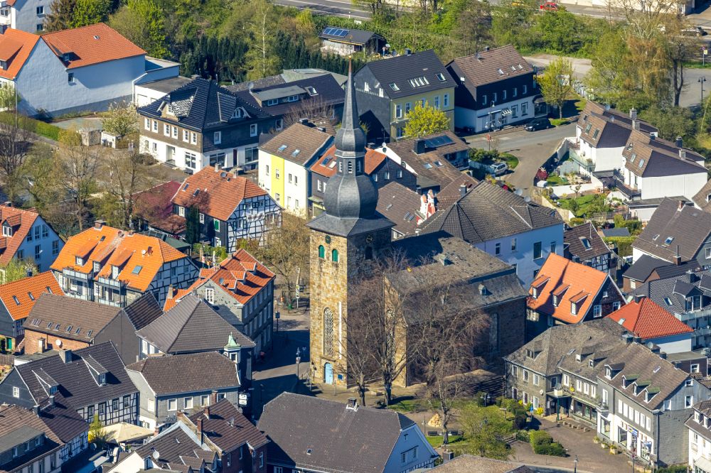 Sprockhövel from above - Church building of the Zwiebelturmkirche in the town center of Sprockhoevel in the state of North Rhine-Westphalia