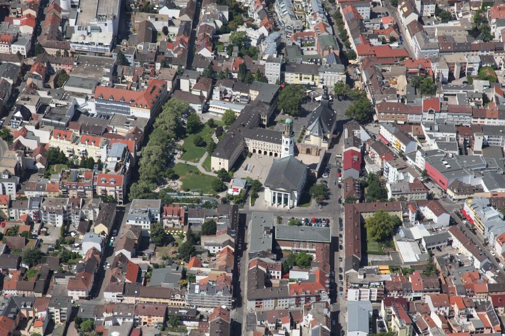 Frankenthal (Pfalz) from above - Church building of the Zwoelf Apostel Kirche in the Old Town- center of downtown in Frankenthal (Pfalz) in the state Rhineland-Palatinate, Germany
