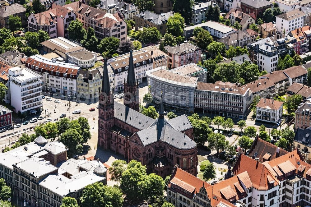 Aerial image Freiburg im Breisgau - Church tower and tower roof at the church building of Johanneskirche in Freiburg im Breisgau in the state Baden-Wurttemberg, Germany