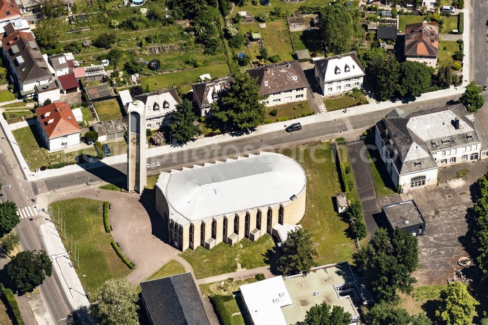 Aerial photograph Karlsruhe - Church tower and tower roof at the church building of St. Konrad in the district Nordweststadt in Karlsruhe in the state Baden-Wuerttemberg, Germany