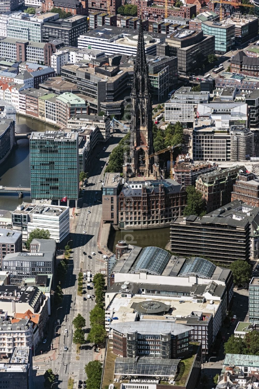 Hamburg from above - Church tower and tower roof at the church building of Mahnmal St. Nikolai on Willy-Brandt-Strasse in Hamburg, Germany