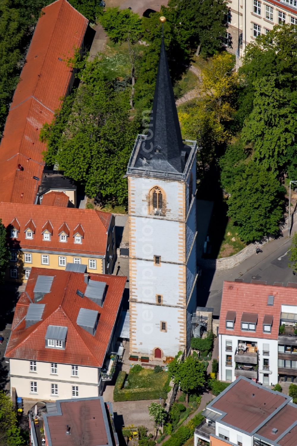 Aerial photograph Erfurt - Church tower and tower roof at the church building of the Nikolaikirchturm on Augustinerstrasse in the district Altstadt in Erfurt in the state Thuringia, Germany