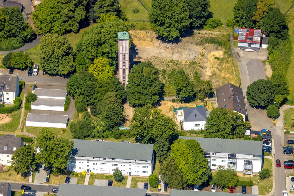 Aerial image Essen - Church tower and tower roof at the church building of St. Paulus Kirche on street Tangabucht in the district Gerschede in Essen at Ruhrgebiet in the state North Rhine-Westphalia, Germany