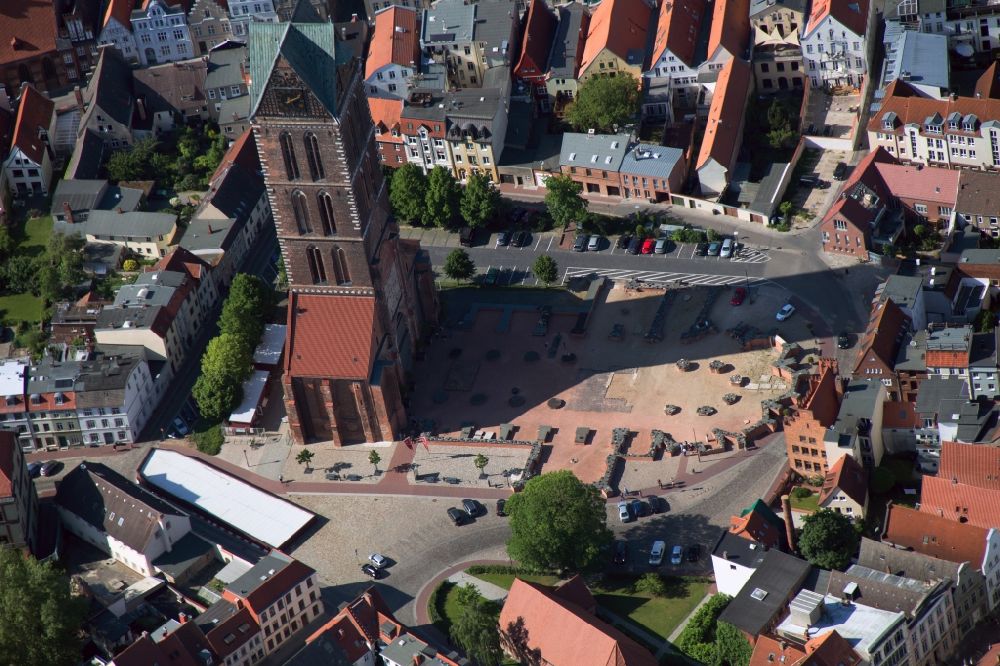 Wismar from above - Church tower of St. Mary's Church in the center of the Old Town of Wismar in Mecklenburg - Western Pomerania