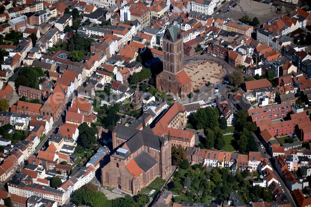 Aerial image Wismar - Church tower of St. Mary's Church in the center of the Old Town of Wismar at the baltic coast in Mecklenburg - Western Pomerania