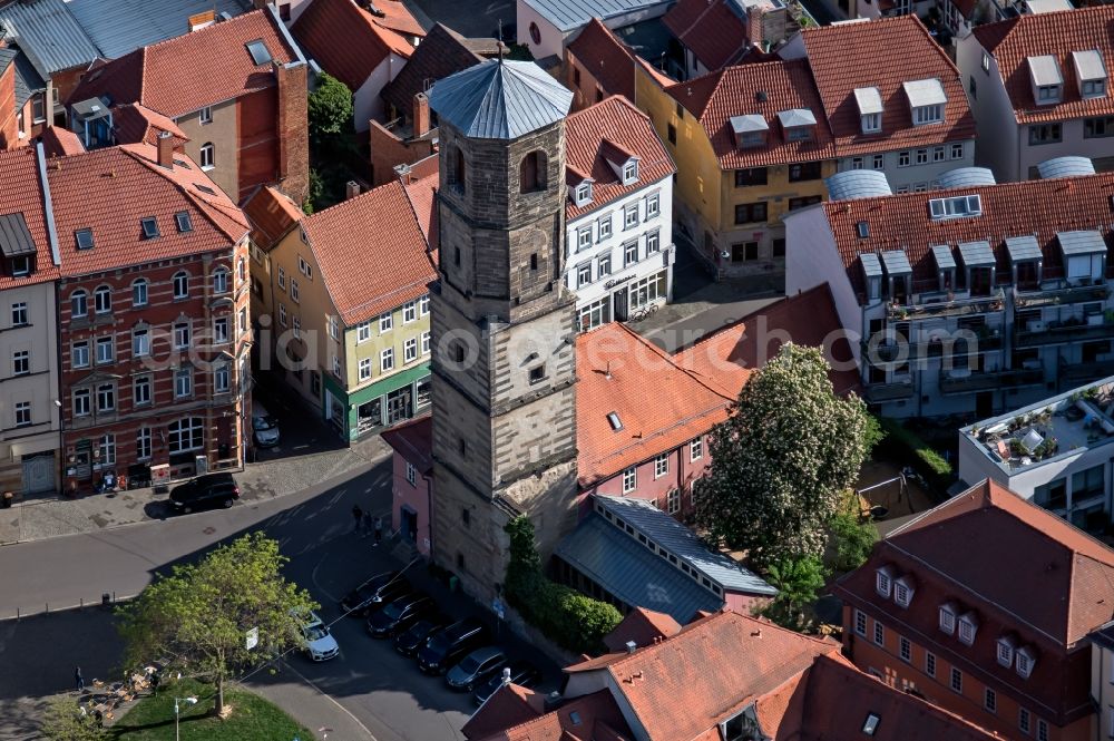 Aerial image Erfurt - Church tower and tower roof of the Paulskirchturm on Paulstrasse in the district Altstadt in Erfurt in the state Thuringia, Germany