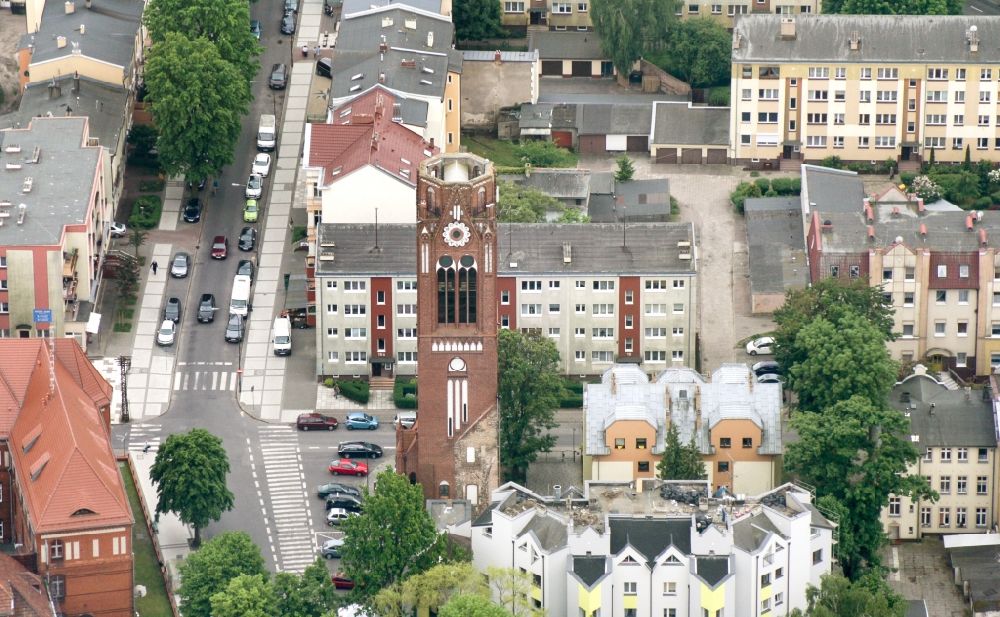 Aerial image Swinemünde - Tower of church building Martin-Luther-Kirche in Swinemuende in West Pomerania, Poland