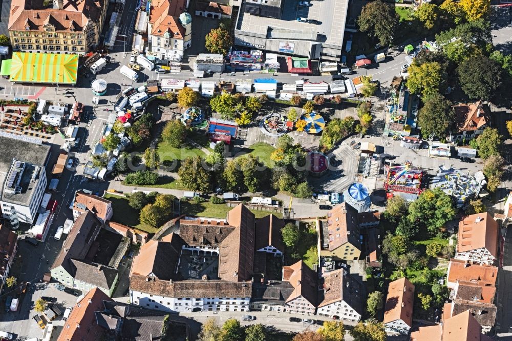 Memmingen from above - Fair - event location at festival on Westertorplatz in Memmingen in the state Bavaria, Germany