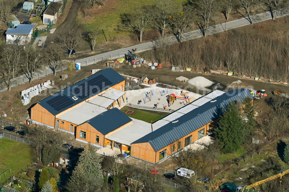 Biesenthal from above - New construction site for the construction of a kindergarten building and Nursery school in Biesenthal in the state Brandenburg, Germany