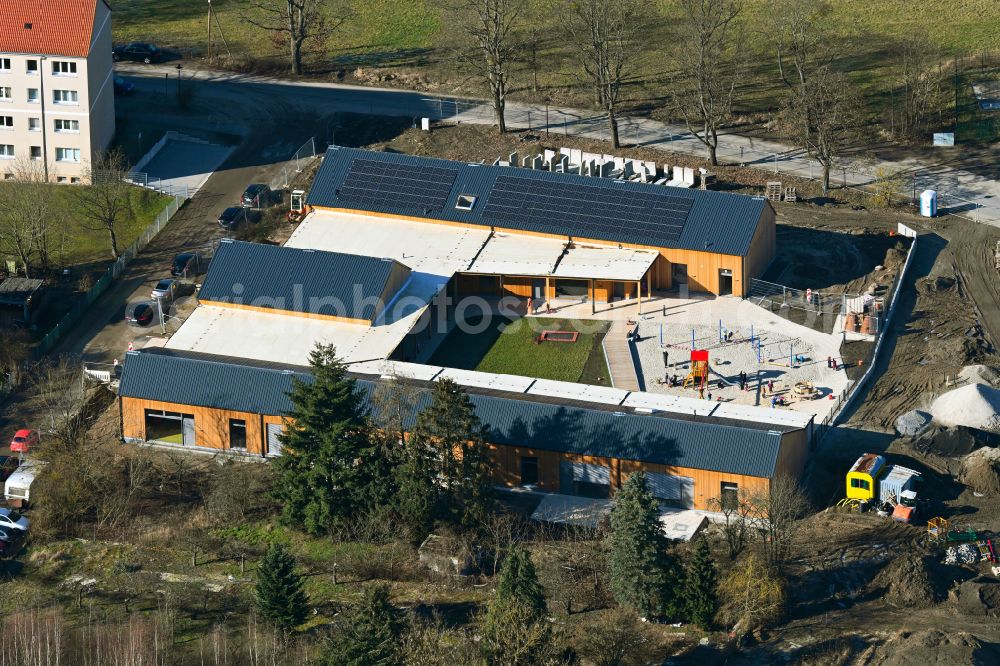 Biesenthal from above - New construction site for the construction of a kindergarten building and Nursery school in Biesenthal in the state Brandenburg, Germany
