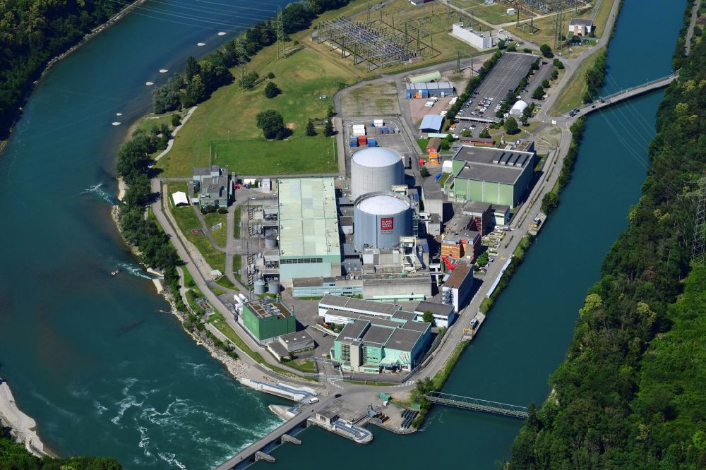 Aerial photograph Beznau - Building remains of the reactor units and facilities of the NPP nuclear power plant on river of Aare in Beznau in the canton Aargau, Switzerland
