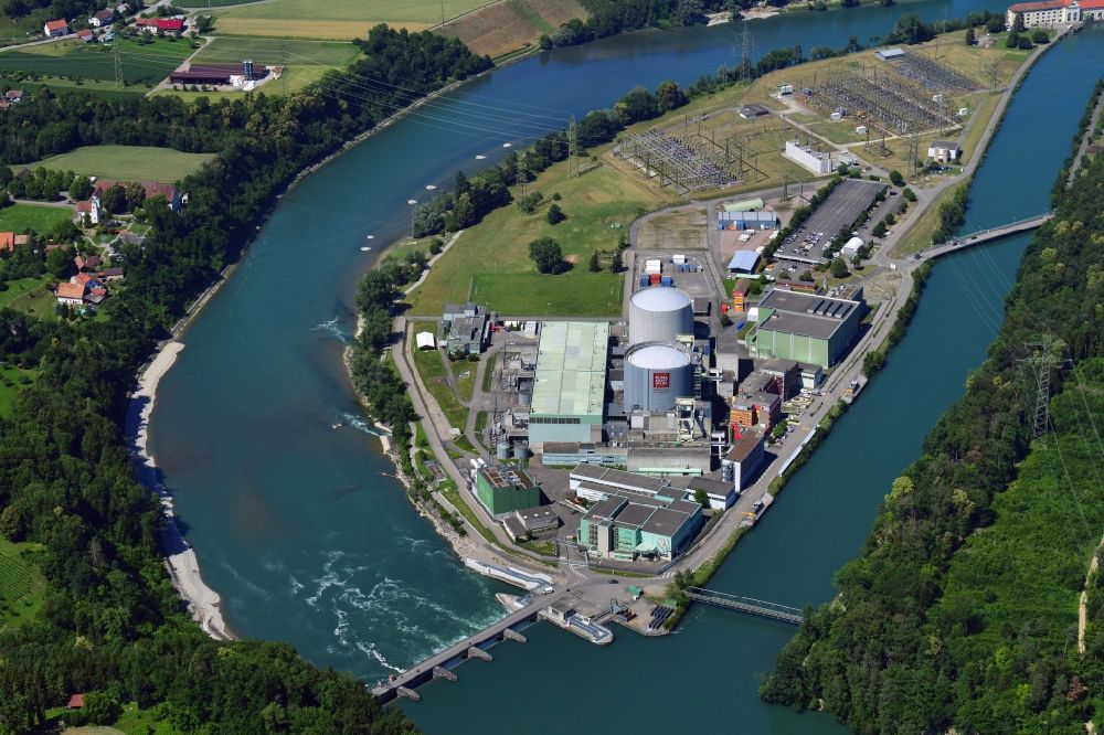 Beznau from above - Building remains of the reactor units and facilities of the NPP nuclear power plant on river of Aare in Beznau in the canton Aargau, Switzerland
