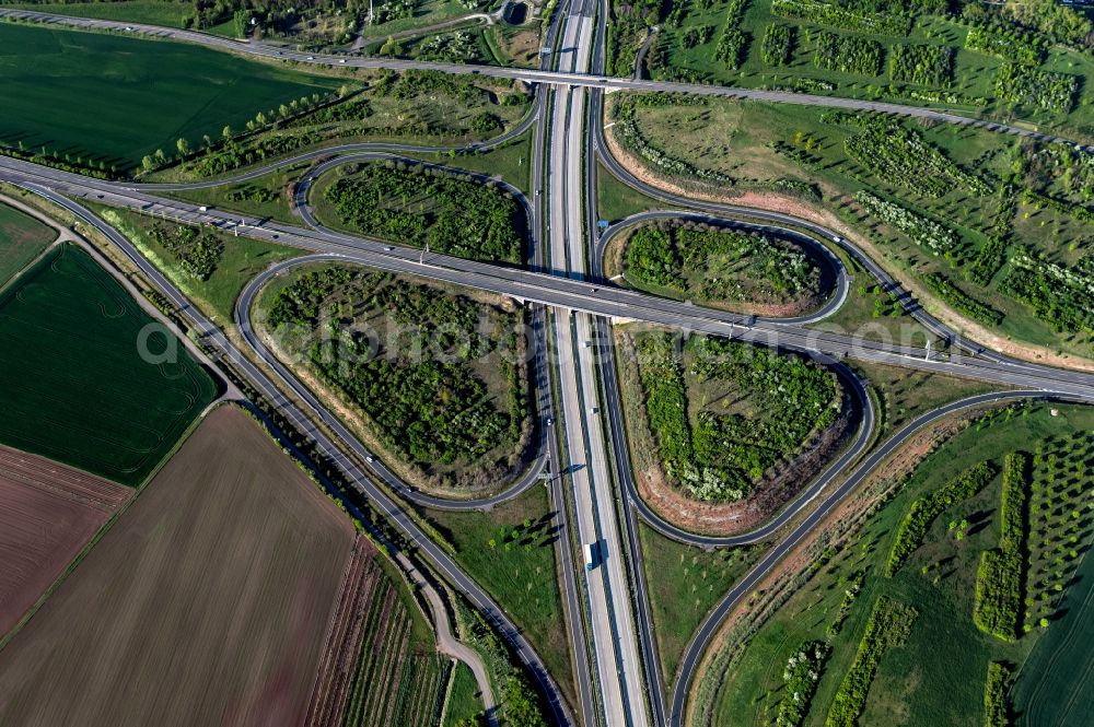 Erfurt from above - Traffic flow at the intersection- motorway A4 - A 71 in form of cloverleaf in the district Gispersleben in Erfurt in the state Thuringia, Germany